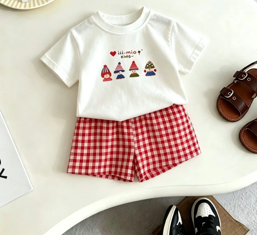 Kids Summer 2Piece Outfit Cute Baby Child Short Sleeve T-Shirt And Plaid Shorts Set Toddler Soft Cotton Casual Suit Children Set