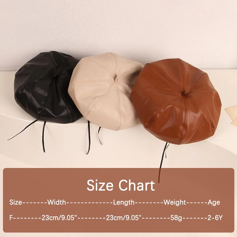 Autumn Winter PU Leather Children Kids Beret Caps Elegant Toddler Infant Girls Solid Color Vintage Bonnet Beanies Hats