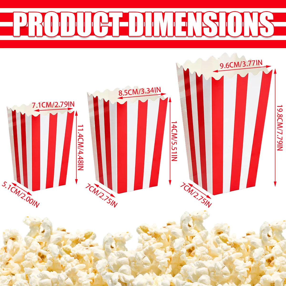 25Pcs Popcorn Paper Boxes Buckets Red White Stripes Bags Snack Containers for Movie Night Birthdays Carnival Party Supplies