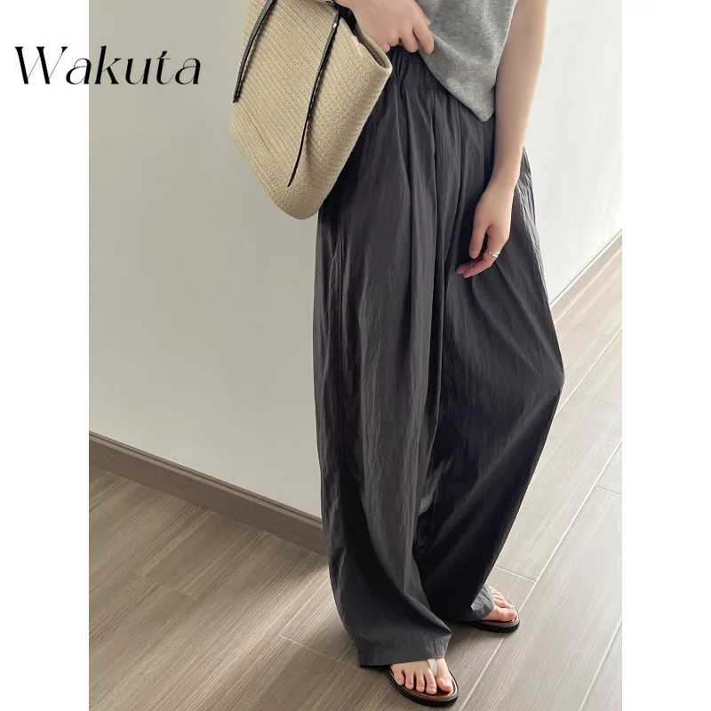 

WAKUTA French Vintage Silky Cool Feeling Elastic High-waisted Casual Pants Summer Trailing Pants Beach Sunscreen Straight Capris