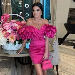 Qanz Fuchsia Modest Cocktail Dresses Short Off  Shoulder Pageant Dresses Women Mermaid Mini Vestidos De Graduación Customized