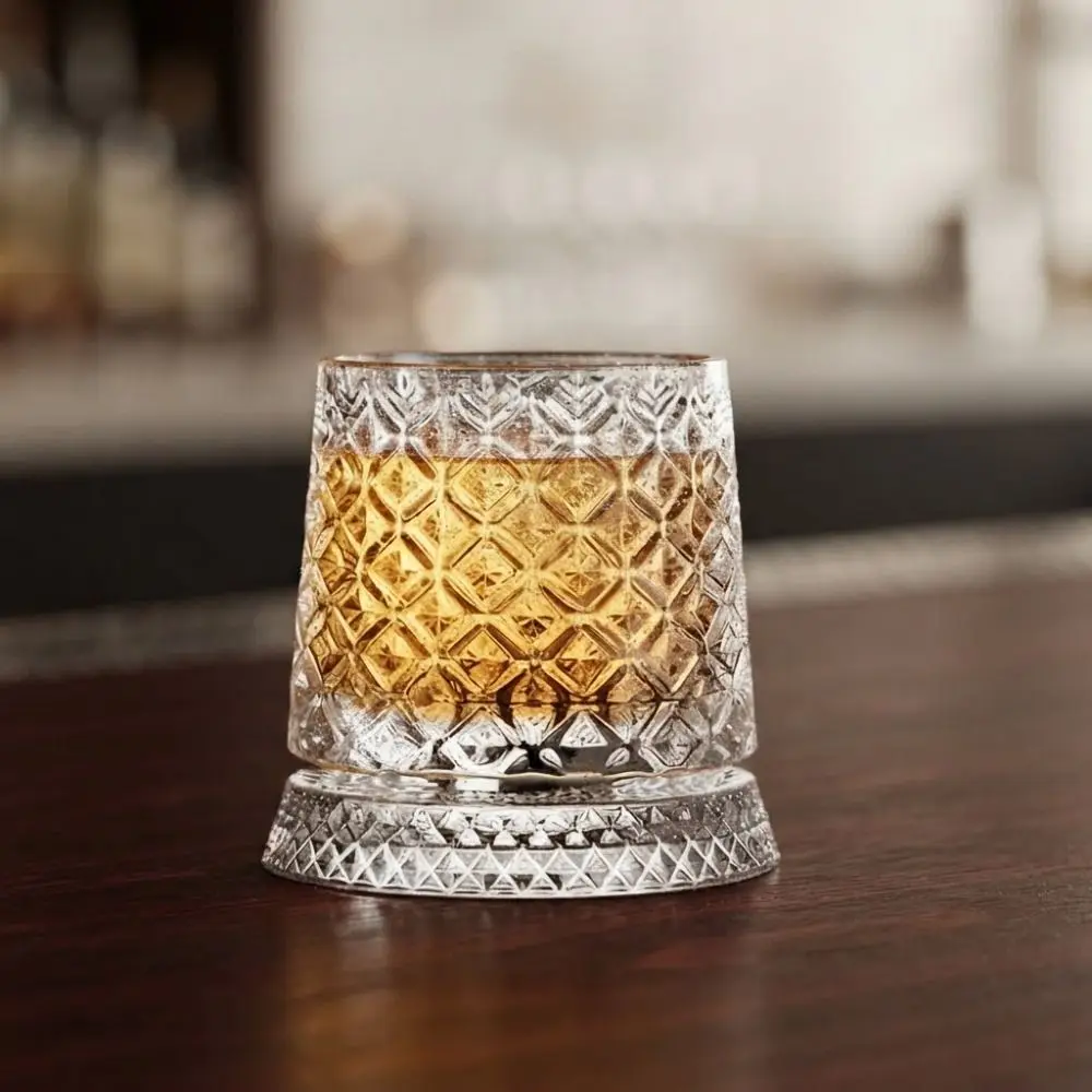 360 Degree Rotating Glass Wine Glass Transparent Glowing Base Crystal Relief Liquor Cup Thickened Drinking Glasses Party