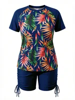 Plus Size Women Summer Beach Tropical Print Rashguard Set - Image 6
