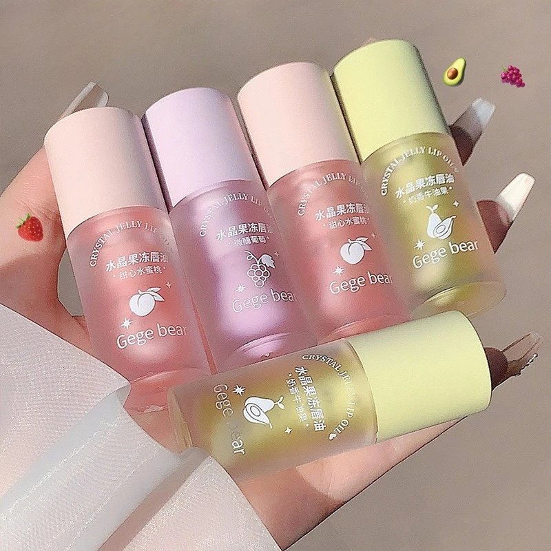 Serie di frutta Gelatina di cristallo Olio per labbra Pesca Uva Avacate Idratante Idratante Nutriente Schiarente Fodere per labbra Viola Rosa Blu