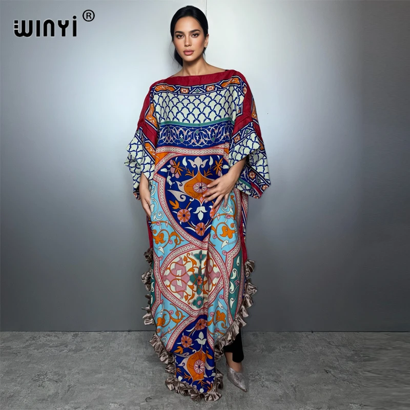 

WINYI muslim woman dresses Elegant kaftan party Dress Middle East Female loose kaftan abaya dubai luxury Print Caftan beachwear