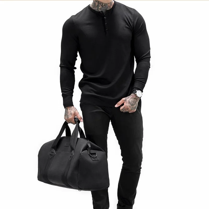 Men Long Sleeve Shirts Sweater Shirt Henry Collar Round Hem Solid Color Autumn Fitness Workout Casual Men Clothing