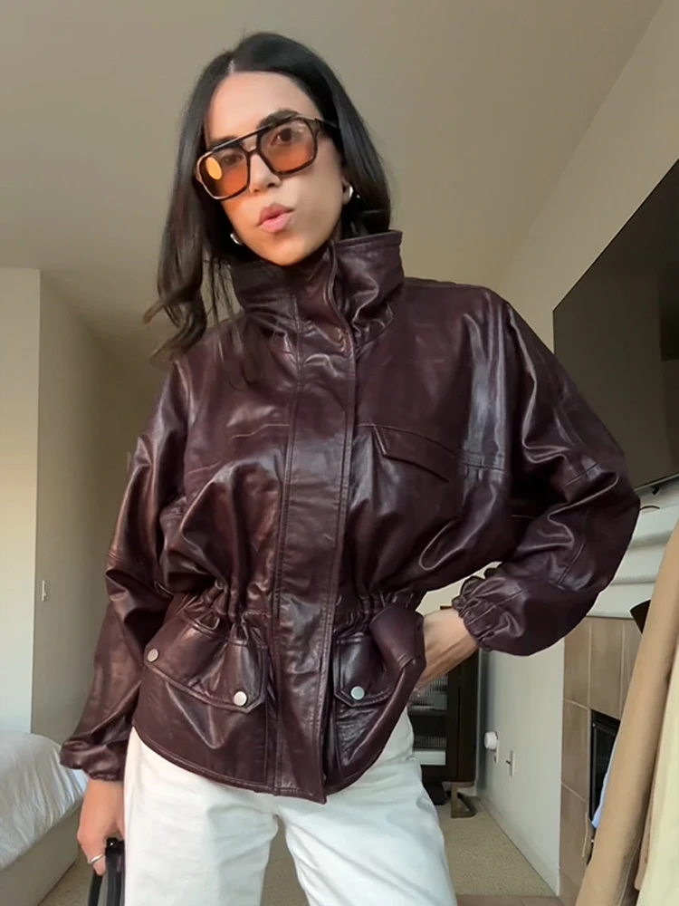 

Women Solid Leather Coats High Neck Pocket Zipper Single Breasted Lady Outerwear 2025 New Autumn Chic Lady Highstreet Outwear