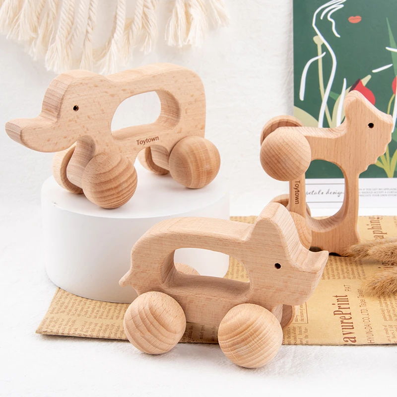 Set di giocattoli a spinta per animali in legno da nove pezzi con coccodrillo, coniglio e altri disegni di animali I bambini hanno esploderà spingendo il c