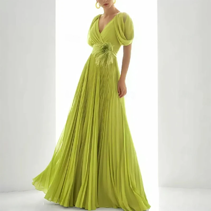 

Light Green V-Neck Formal Evening Dresses A-Line Pleat Feather Birthday Party Prom Gowns Customized abendkleider