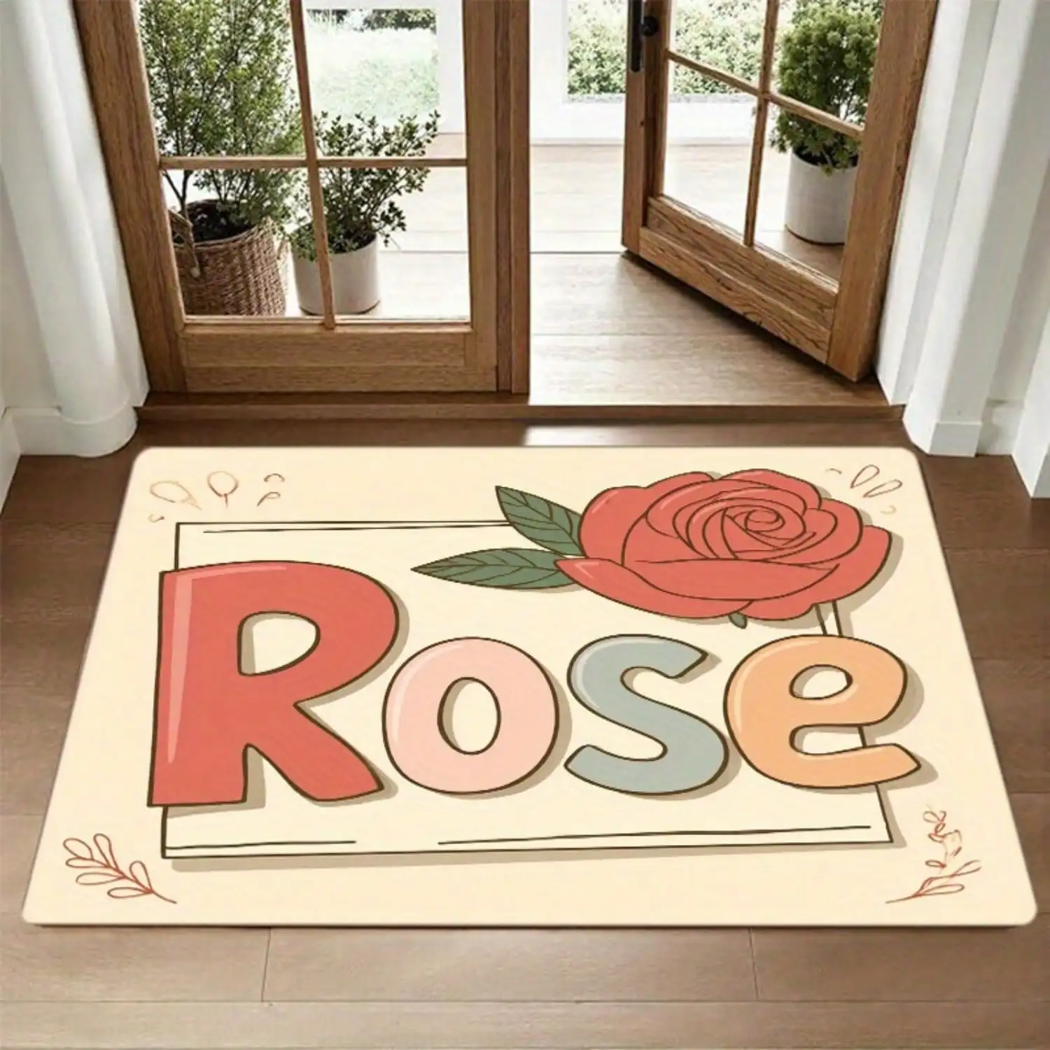 1pc 8mm Rose & Petal Washable Doormat - Soft, Non-Slip For Entryway, Bathroom, Kitchen, Laundry Room, Bedroom Or Living Area | Low Pile Indoor Rug With Machine