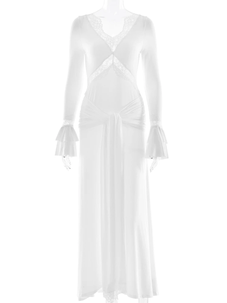 فستان ماكسي Sibybo بأكمام مضيئة ثنيات مكشكشة للنساء من الدانتيل المرقعة ورقبة على شكل V فساتين ضيقة أنيقة ومثيرة للحفلات