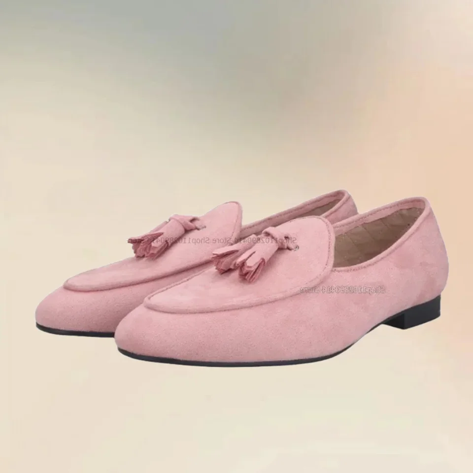 

Pink Tassels Decor Flock Low Top Men Loafers Fashionable Comfort European Style Men Shoes Novel Handmade Runway Men Casual Shoes