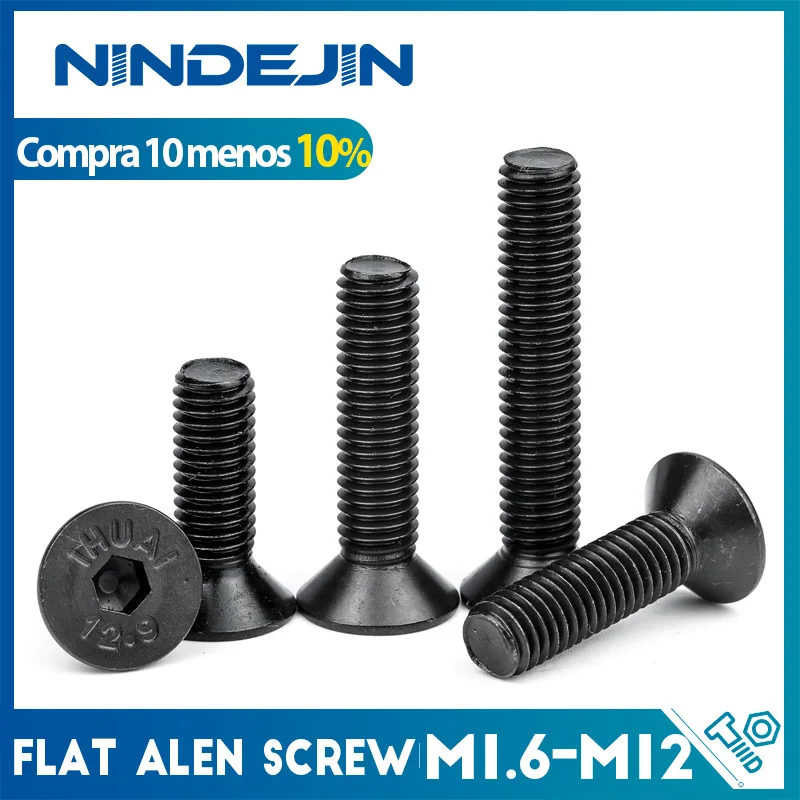 Nindejin soquete hexagonal parafuso de cabeça plana aço carbono m1.6 m2 m2.5 m3 m4 m5 m6 m8 m10 m12 parafusos allen parafuso da máquina
