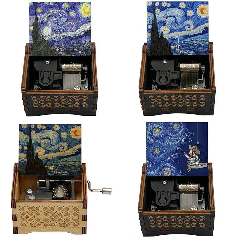 Wooden Starry Starry Night Music Box Color Printed Friends Birthday Present Christmas New Year Home Handmade Ornament