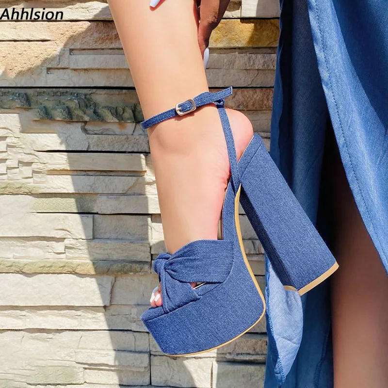 

Ahhlsion/Новое поступление, женские сандалии на платформе, красивая синяя повседневная обувь на массивном каблуке с круглым носком, женская обувь размера США 5-15