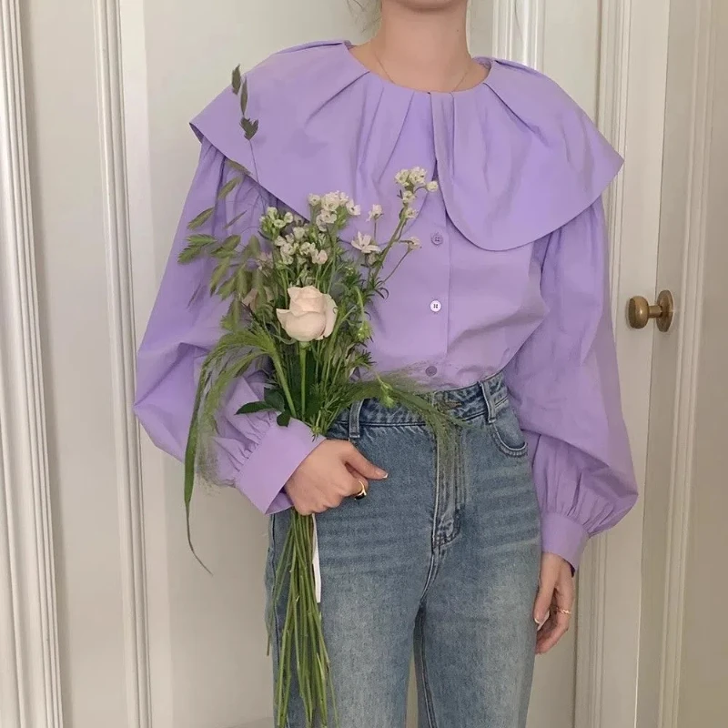 Spring Autumn New Fashion Doll Collar Long Sleeve Solid Color Blouses Women's Clothing Sweet Button Korean All-match Chic Shirts
