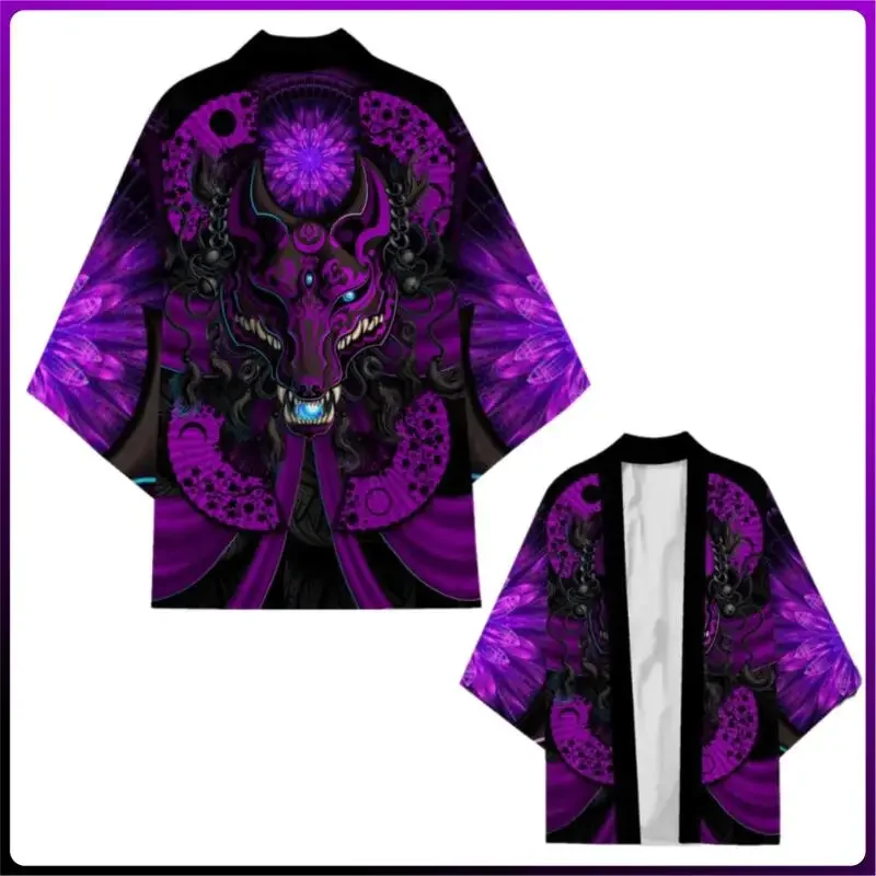 

Японский самурай, демон, косплей, кимоно, куртка, черная, фиолетовая маска волка с принтом 7, рукав, винтажная уличная одежда, традиционный азиатский кардиган