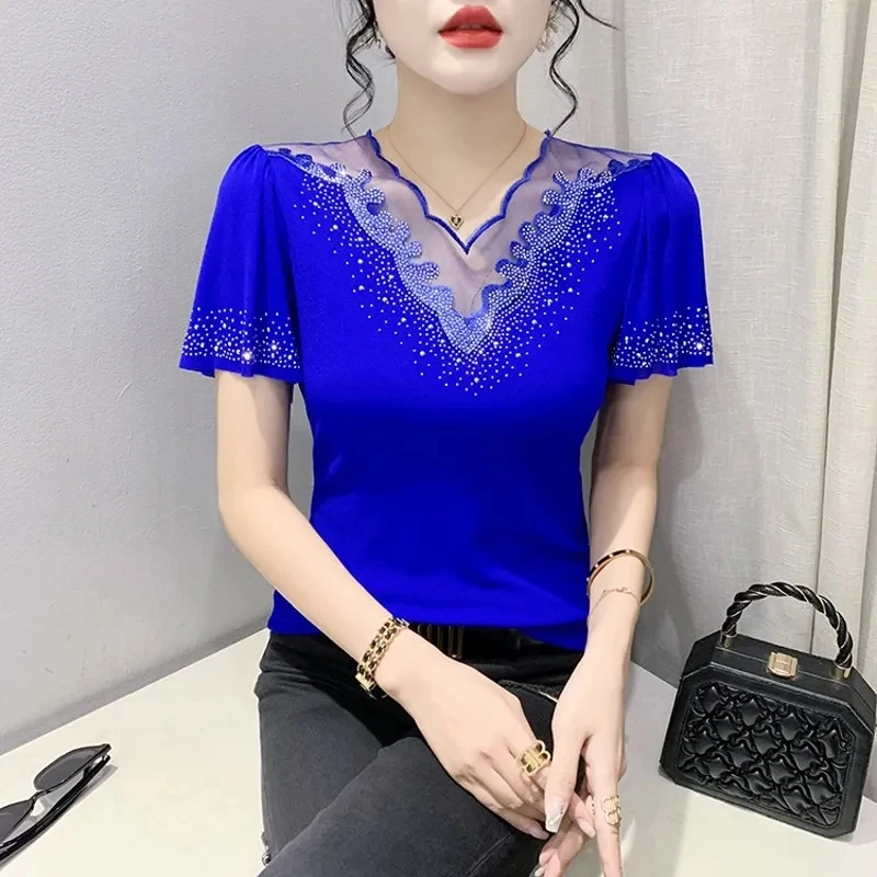 Women's Fashion Hollow Out V-neck Mesh Tee Elegant Summer Short Sleeved Slim Tops Designer Hot Diamond Female T-Shirt