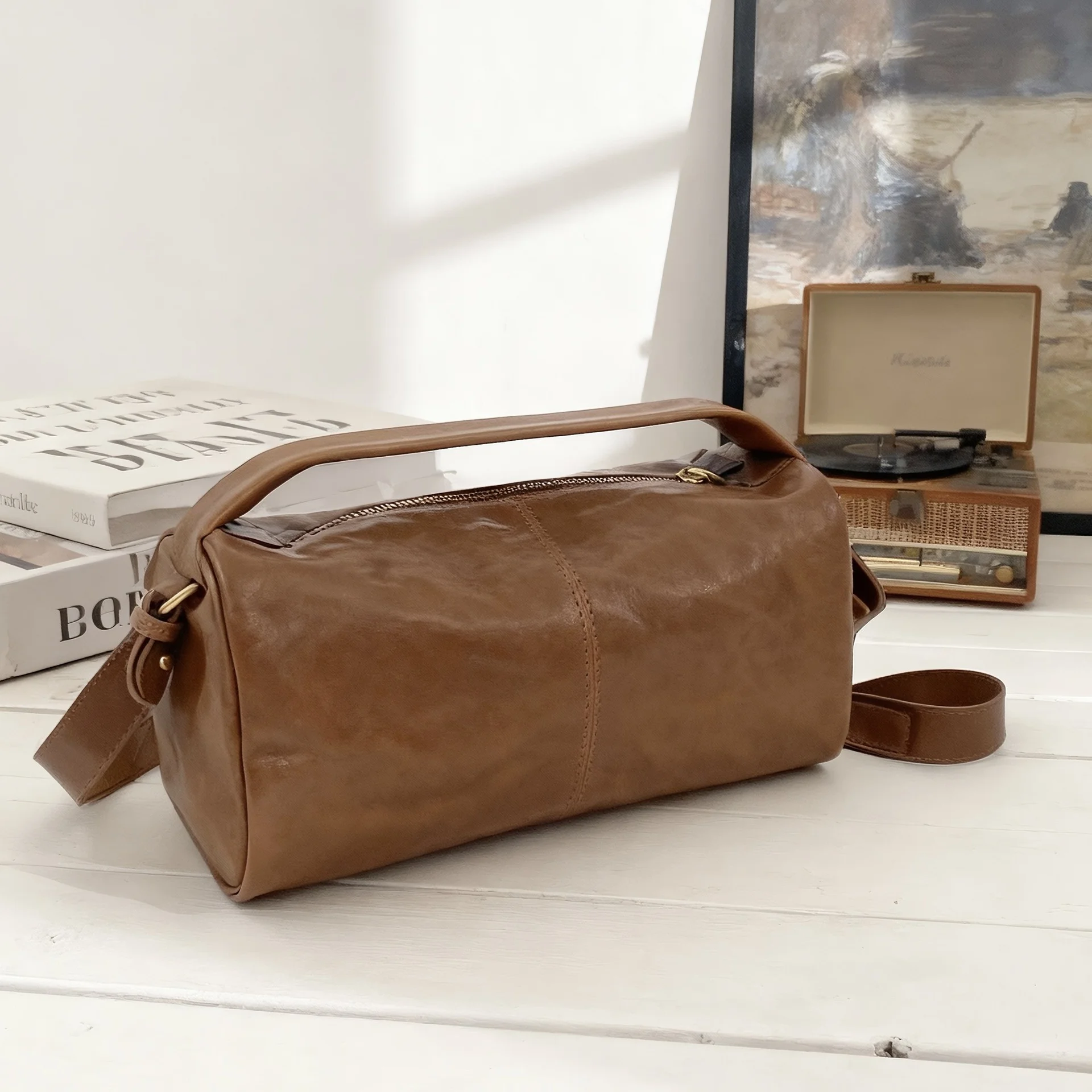 Винтажная сумка-подушка Boston, верхний слой из воловьей кожи