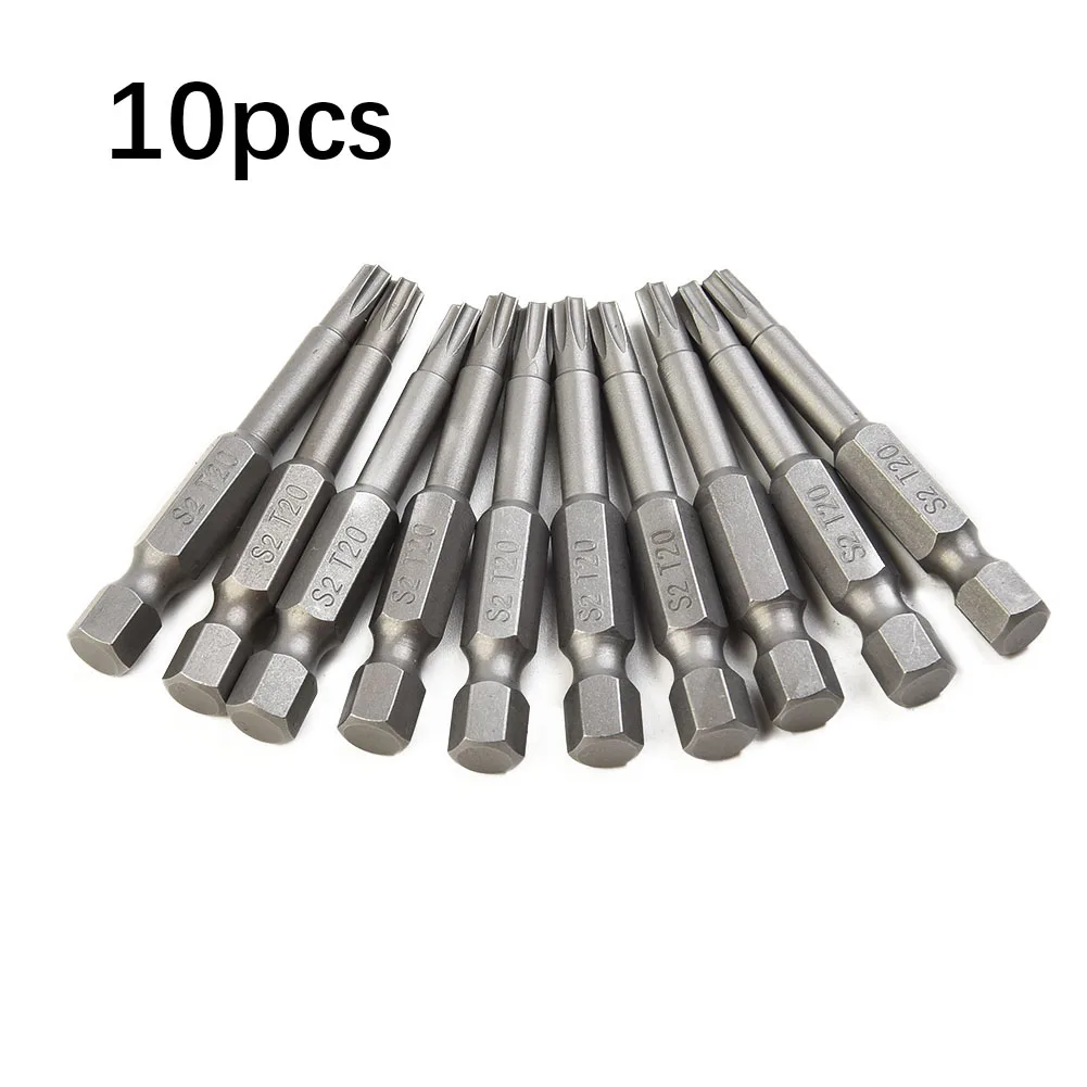 10Pcs   Alloy Steel 50mm Long Torx Screwdriver Bit 6.35mm Hexagon Handle T20