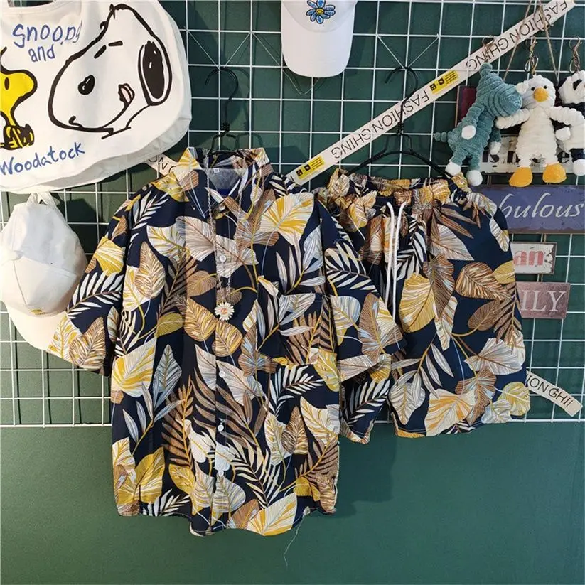 

Men Summer Set Floral Short Sleeve Shirt Beach Vacation Shorts Trendy Streetwear Outfit Handsome Casual