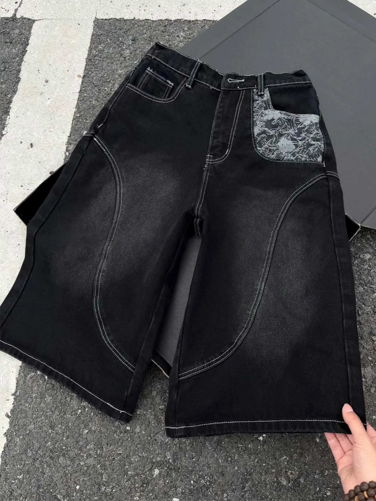 American Floral Embroidery Deconstructed Workwear Jeans Shorts for Men Straight Leg Seven Tenths Pants Youth Fashion Summer J...