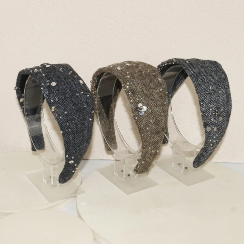 Women Wide Headband Vintage Woolen Beaded Sequin Hair Hoop