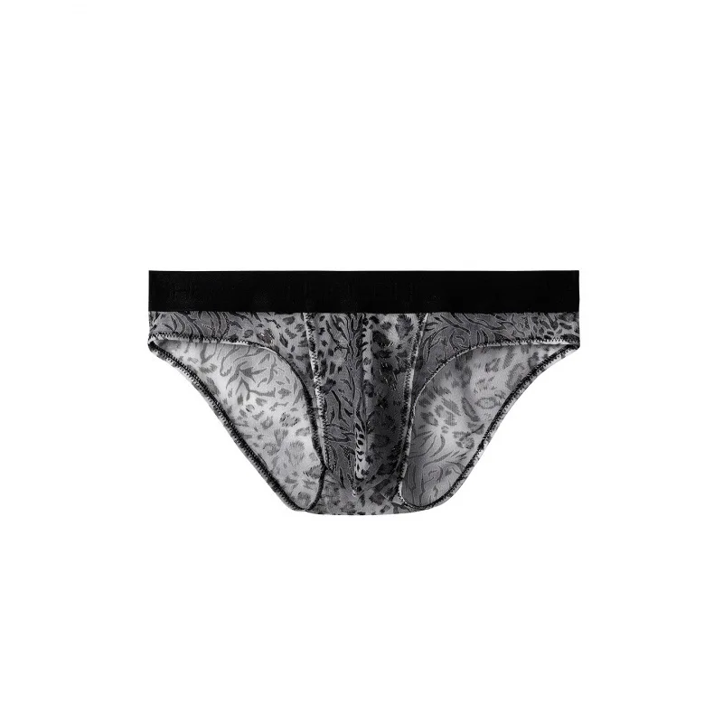 Mens Briefs Mesh Leopard Printed Ice Silk Underwear Summer Ultra-Thin Separate Pouch Crotch Panties Quick-Drying Underpants