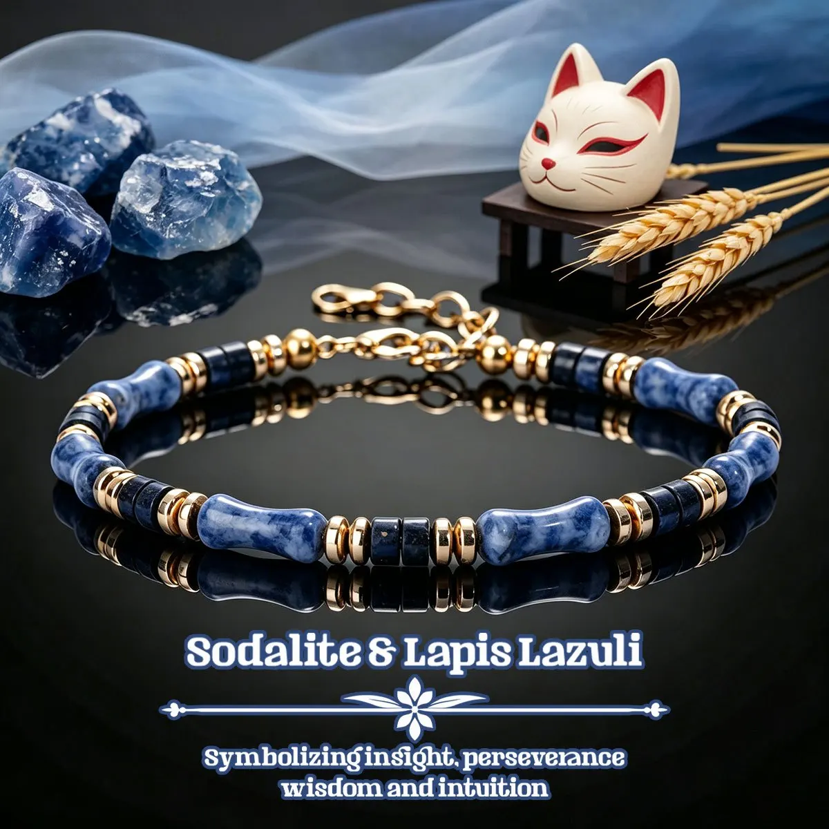 Men's Square Sodium Stone and Lapis Lazuli Bone Bead Bracelet, Symbolizing Insight, Perseverance, and Wisdom, Adjustable Gold Ch