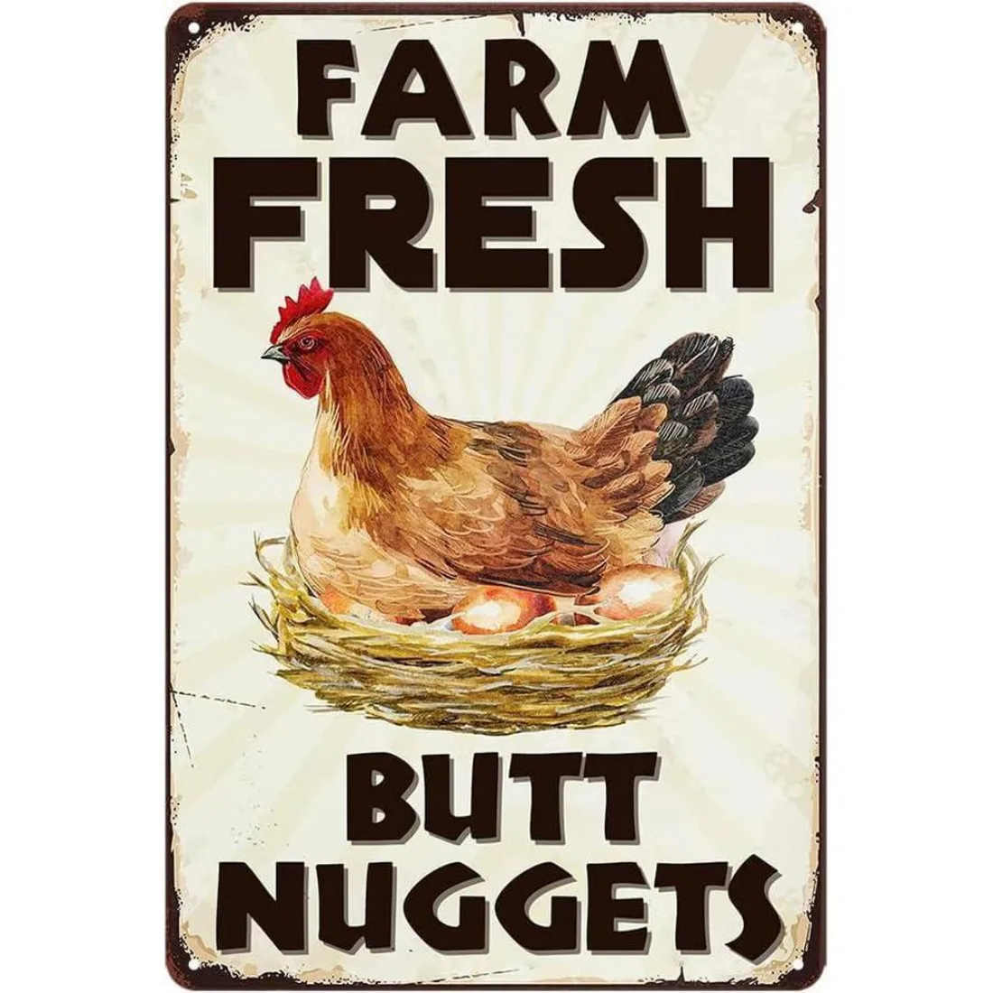 Farm Fresh Butt Fried Chicken Vintage Metallschild – Hühner-Wandkunst im Landhausstil für die Dekoration der Bauernhausküche