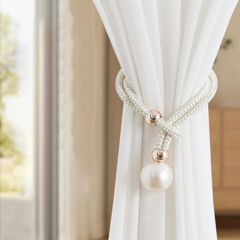 2pcs Pearl Curtain Tiebacks, Curtain Pearl Tiebacks, Decorative Fixings, Rope Curtain Tiebacks No Punch Adjustable Pull-outs