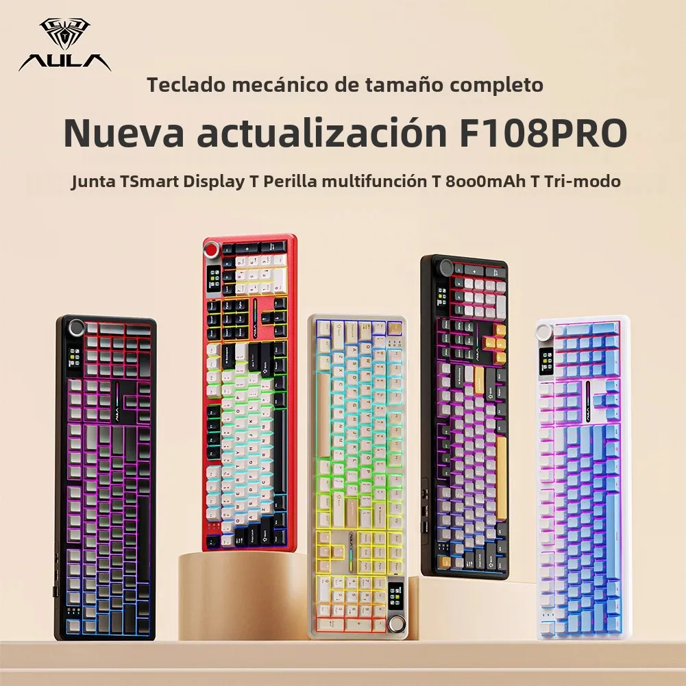 AULA F108pro teclado inalámbrico Bluetooth Macro teclado para juegos junta teclado de tamaño completo de intercambio en caliente con pantalla inteligente TFT