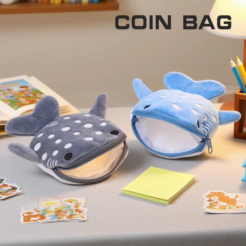 Cute Blue Shark Mini Whales Coin Purse Plush Zipper Coin Wallet Designer Women's Small Change Bag Key Earphone Pouch