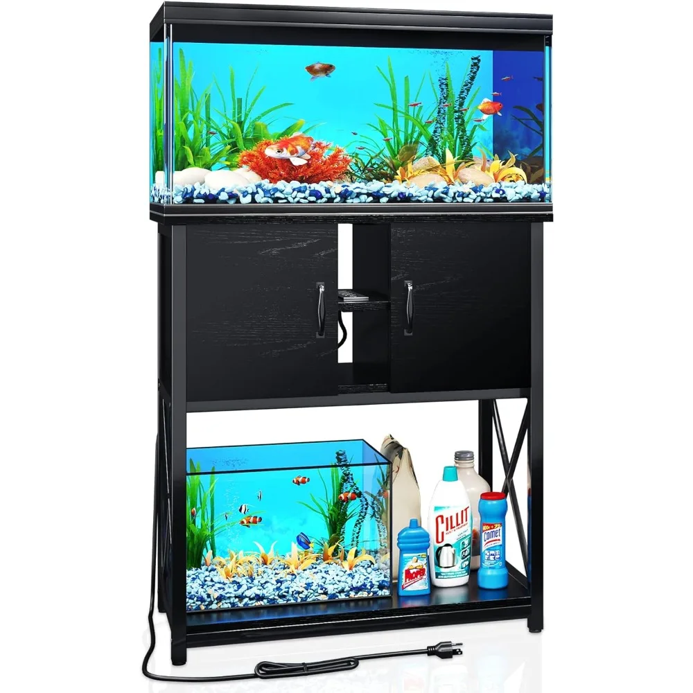 

10-29 Gallon Aquarium Stand with Charging Station and Cable Holes, Metal Fish Tank Stand with Storage Cabinet, 29 L x