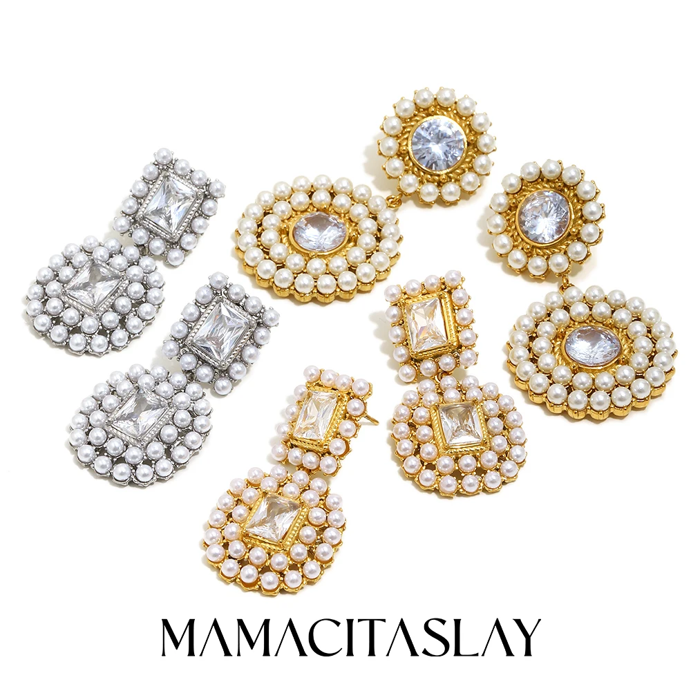 MamacitaSlay 316L Edelstahl 18K vergoldete Perlen-Zirkon-Ohrringe, luxuriöser wasserdichter Schmuck für Frauen, elegantes Ohrring-Geschenk