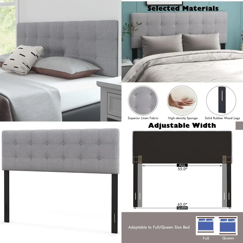

Gray Linen Upholstered Adjustable Width Button-Tufted Bed with Solid Wood Legs for Full or Queen Size