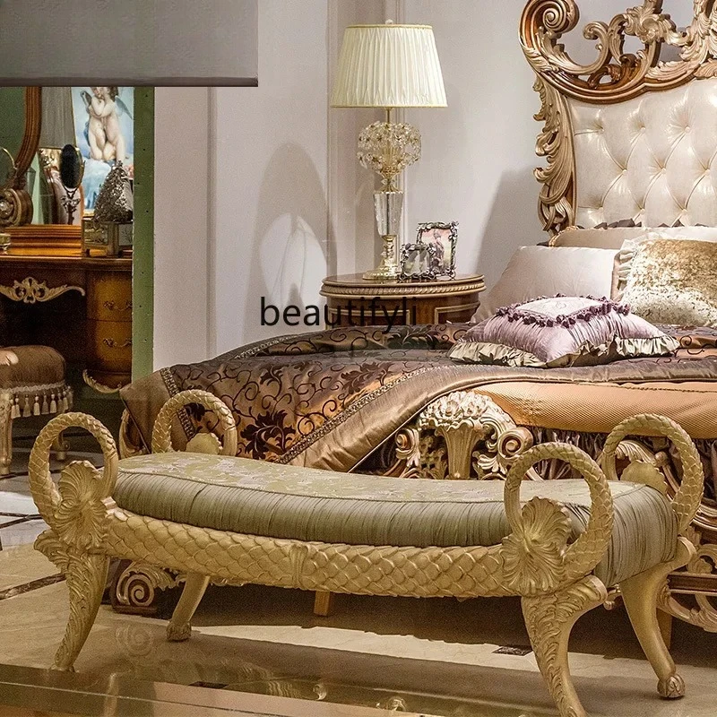 European-style bedroom furniture, solid wood hand-carved large apartment luxury fabric, bedside stool