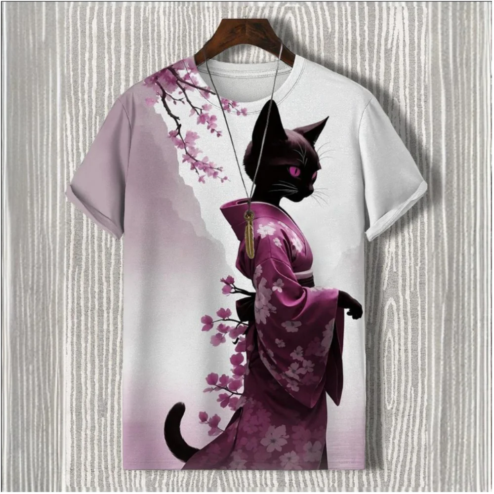 Japanese Style T-Shirt For Men Cat Graphic 3D Print T-Shirts Casual Short Sleeved Tees Oversized Men's Clothing Tops Streetwear