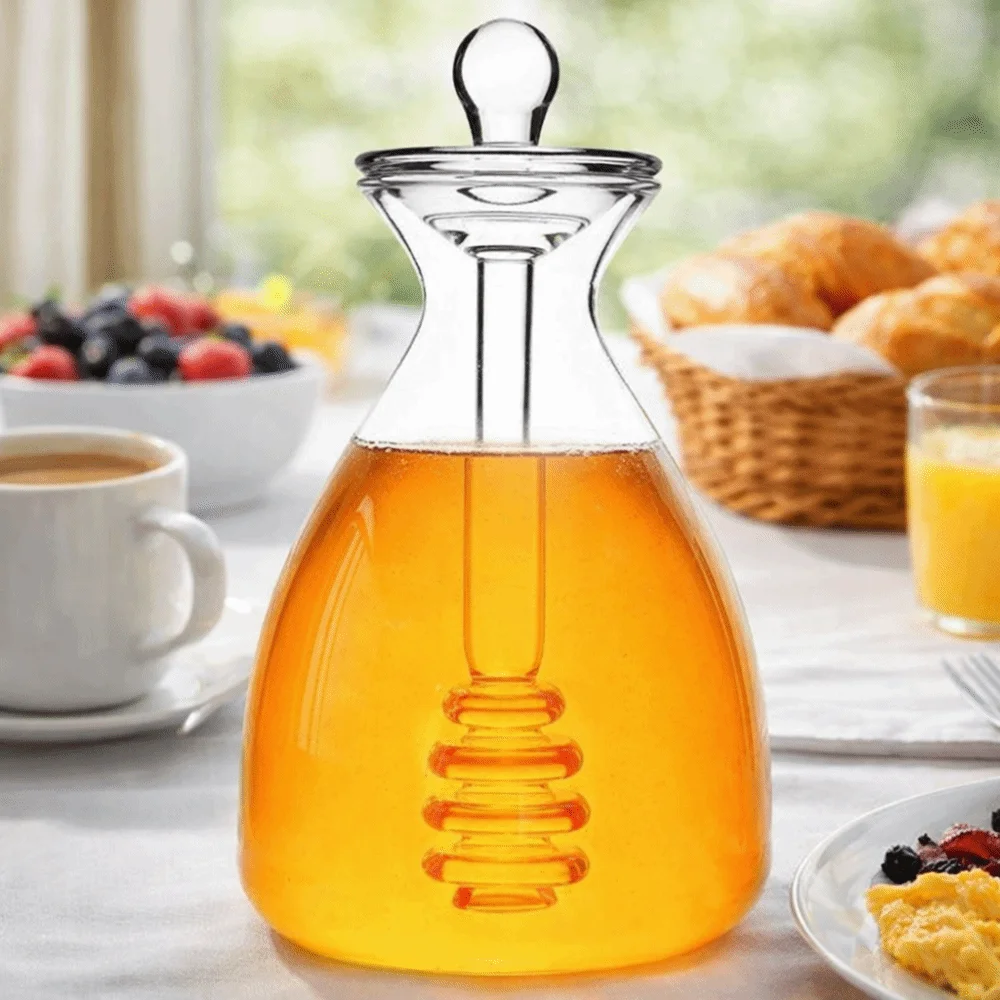Simple Large Capacity Glass Honey Jar Clear With Dipper Rod Honey Container Three-dimensional Bee Syrup Jar Dining Table