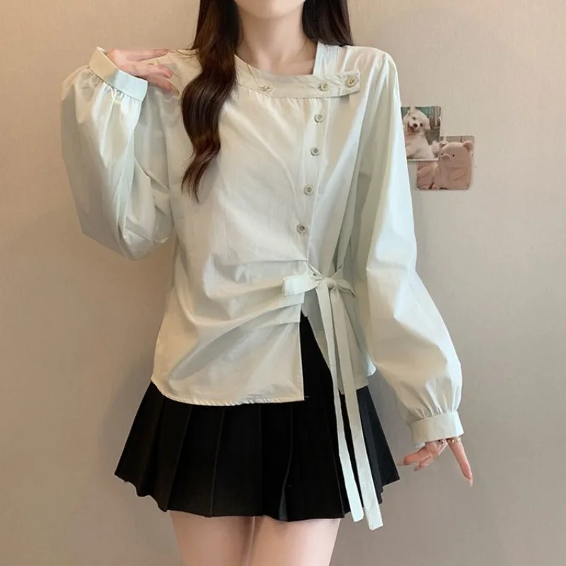 Femme Spring Summer Korean Fashion Trend Button Solid Color O-neck Women Shirts Fashionable Drawstring Long Sleeve Pulloverstops
