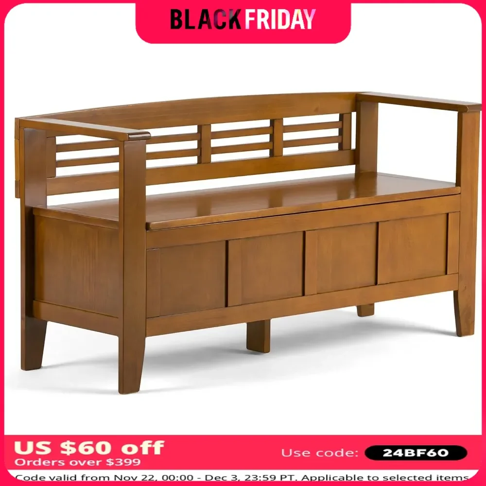 Outdoor Wood Bench 48 Inch Wide Entryway Storage Bench with Safety Hinge,Multifunctional Rustic in Light, Long Chairs