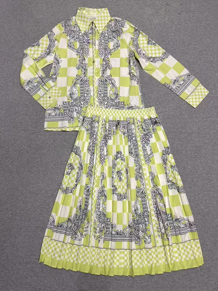 Zweiteiliges Designer-Hemd mit Retro-geometrischem Druck, Revers und geradem Bein für Damen im Herbst 2025, Set mit lockerem Faltenrock