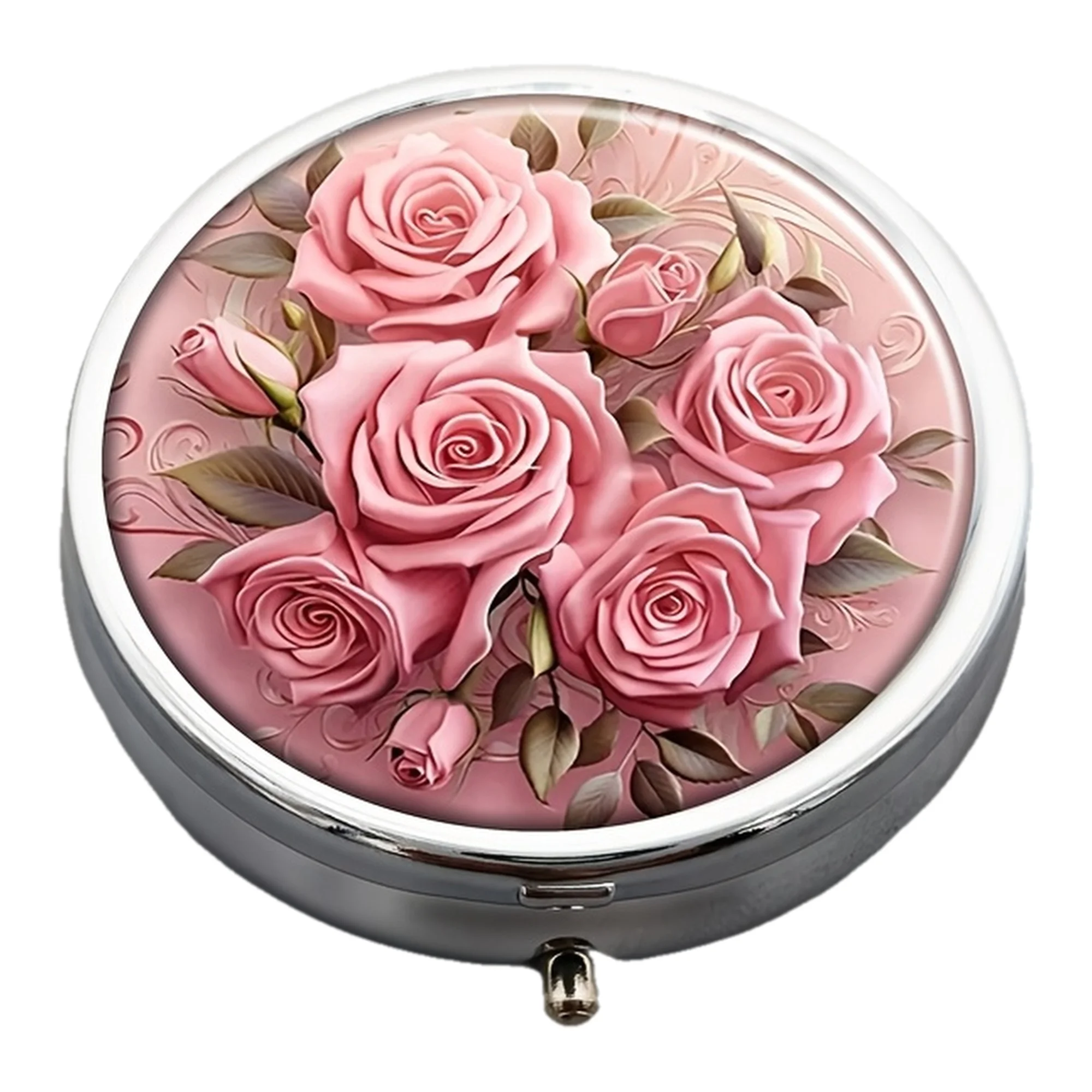 Valentine's Day pink rose pill box, three-compartment design, metal pill organizer, compact and portable, suitable for use in purses and for travel