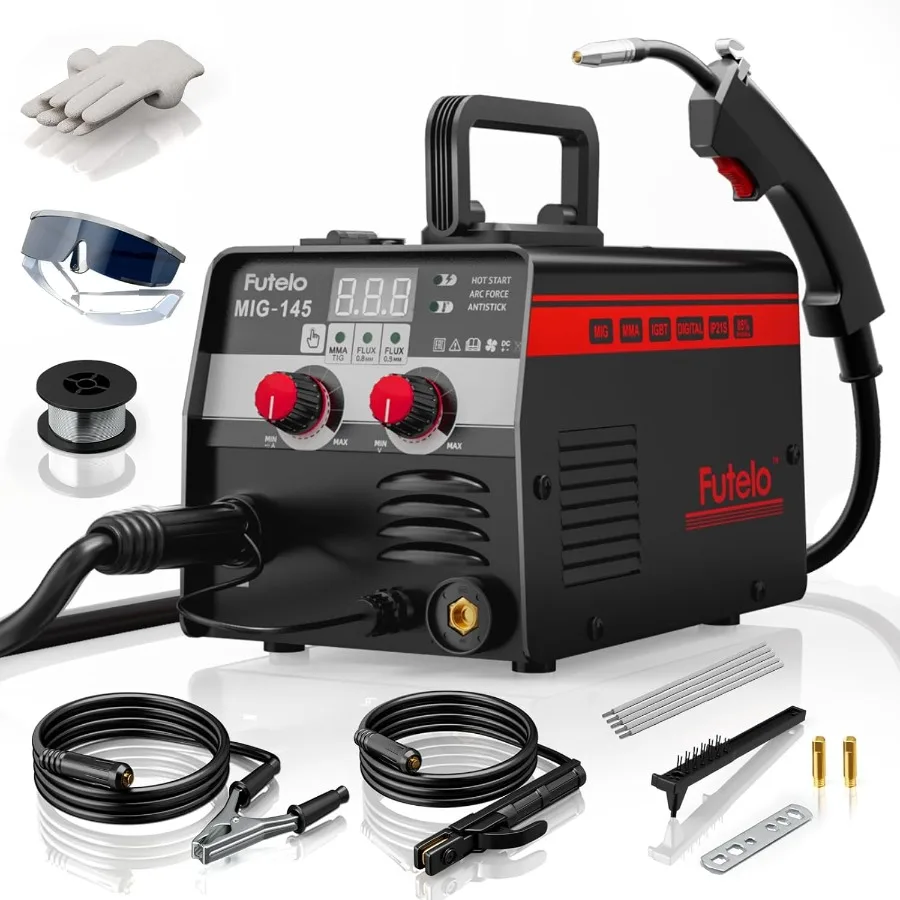 

145A MIG Welder 3 in 1 Flux Core/Lift TIG/Stick Welding Machine 110V IGBT Inverter Gasless Welder with Synergy Control for Meta