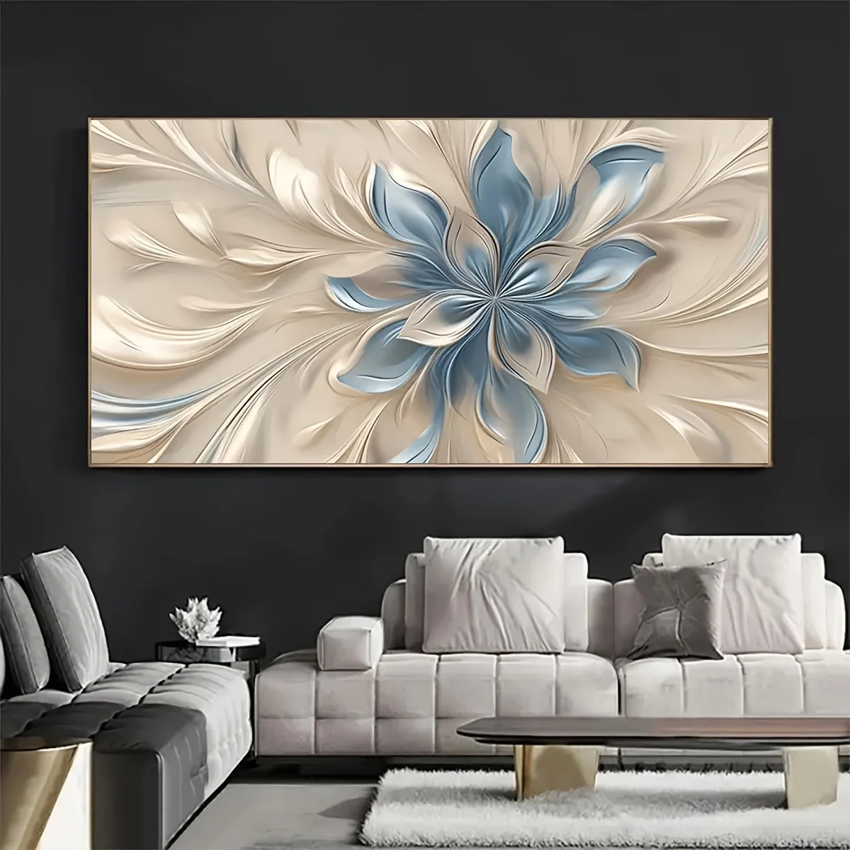 Large Blue and White Floral Canvas Art - Modern Nordic Minimalist Wall Decor for Living Room or Bedroom, Frameless Textured Post