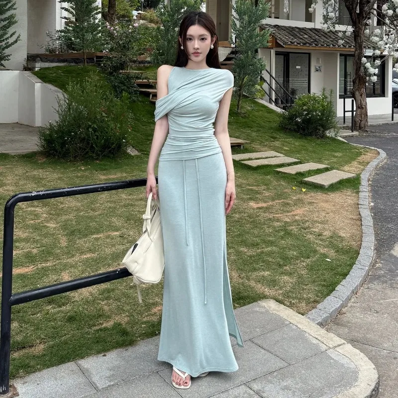 Women French Lazy Style Ruched Sleeveless Top High Waist Split Maxi Skirt Two Piece Outfit Set