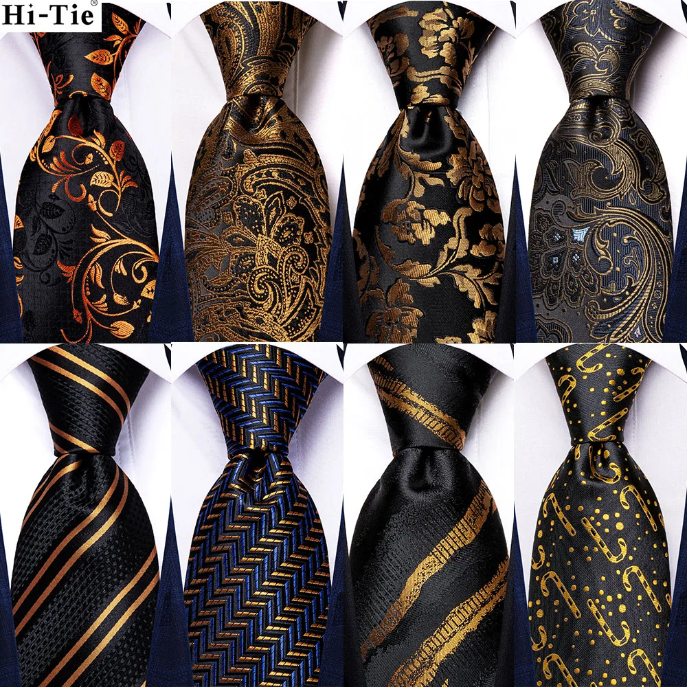 Hi-Tie Black Gold Paisley Striped Silk Wedding Tie For Men Handky Cufflink Mens Necktie Fashion Design Business Party Dropship