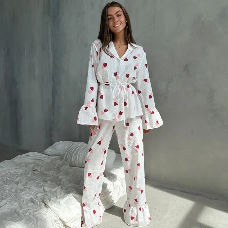 100% Cotton 2Pcs Sets for Women Love Print Long-sleeved Shirts with High Wasit Trousers Pajamas Loose Comfortable Homewear Suits