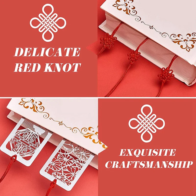 8 Pcs Hollow Metal Bookmarks With Red Knot Theme Series Bookmarks Set For Reading Book,4.5 X 1.25 Inch