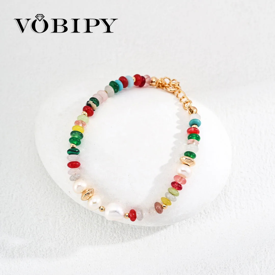 

VOBIPY 925 Silver Pearl Bracelet for Women Multi Color Stone Beads Strand Natural Freshwater Bracelet Adjustable 18+6cm Jewelry